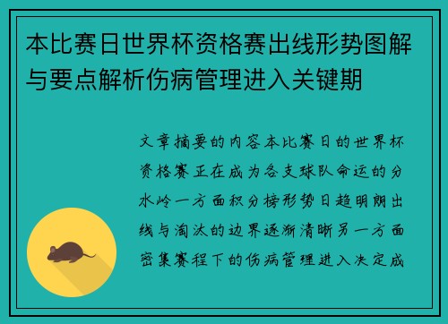本比赛日世界杯资格赛出线形势图解与要点解析伤病管理进入关键期 本比赛日世界杯资格赛出线形势图解与要点解析伤病管理进入关键期