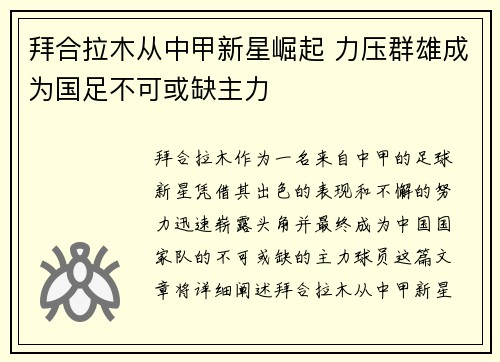 拜合拉木从中甲新星崛起 力压群雄成为国足不可或缺主力 拜合拉木从中甲新星崛起 力压群雄成为国足不可或缺主力